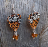 Motorcycle Charms on a Leopard Print Guitar Pick Earrings with Topaz Swarovski Crystal Dangles
