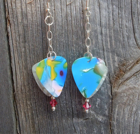 Cascading Blue MultiColor and White MOP Guitar Pick Earrings with Pink Swarovski Crystals