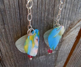 Cascading Blue MultiColor and White MOP Guitar Pick Earrings with Pink Swarovski Crystals