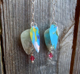 Cascading Blue MultiColor and White MOP Guitar Pick Earrings with Pink Swarovski Crystals