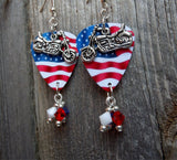 Motorcycle Charm on Waving American Flag Guitar Pick Earrings with Red White and Blue Swarovski Crystal Dangles