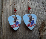 Bald Eagle on Top of American Flag Guitar Pick Earrings with Red Swarovski Crystals
