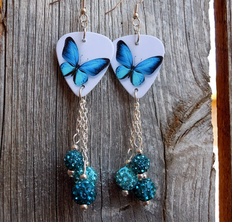 Aqua Blue Butterfly Guitar Pick Earrings with Aqua and Teal Pave Bead Dangles