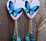 Aqua Blue Butterfly Guitar Pick Earrings with Aqua and Teal Pave Bead Dangles