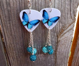Aqua Blue Butterfly Guitar Pick Earrings with Aqua and Teal Pave Bead Dangles