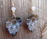 Wispy White Skull and Crossbones with Wings Guitar Pick Earrings with Opal Swarovski Crystals