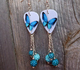 Aqua Blue Butterfly Guitar Pick Earrings with Aqua and Teal Pave Bead Dangles