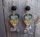 Hot Rod Flame Guitar Pick Earrings with Black Rhinestone Beads and Motorcycle Charm Dangles