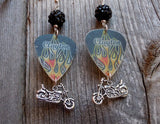 Hot Rod Flame Guitar Pick Earrings with Black Rhinestone Beads and Motorcycle Charm Dangles