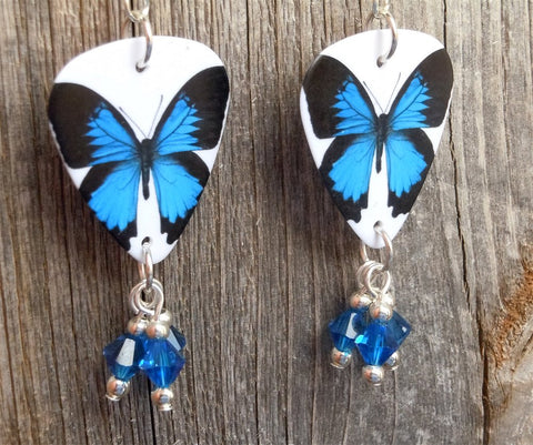 Blue Butterfly Guitar Pick Earrings with Capri Blue Swarovski Crystal Dangles