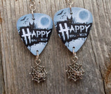 Happy Halloween House Guitar Pick Earrings with Spider Charm Dangles