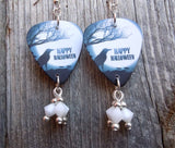 Happy Halloween Raven Guitar Pick Earrings with White Swarovski Crystal Dangles