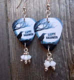 Happy Halloween Raven Guitar Pick Earrings with White Swarovski Crystal Dangles