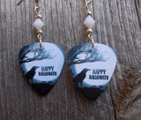 Happy Halloween Raven Guitar Pick Earrings with White Swarovski Crystals