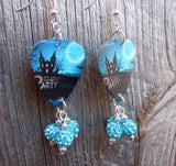 Haunted House Halloween Party Guitar Pick Earrings with Aqua Blue Pave Beads