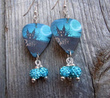 Haunted House Halloween Party Guitar Pick Earrings with Aqua Blue Pave Beads