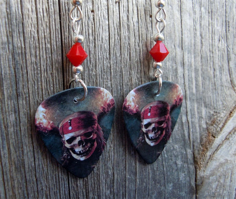 Pirates of the Caribbean Skull and Crossbones Guitar Pick Earrings with Red Swarovski Crystals