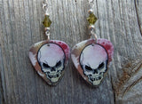 Angry Skull Guitar Pick Earrings with Olivine Swarovski Crystals