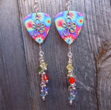 Tie Dye with Flower Charm Guitar Pick Earrings with Crystal Dangles