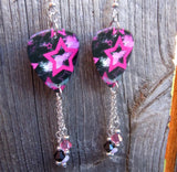 Pink Stars on Black Background Guitar Pick Earrings with Swarovski Crystal Dangles