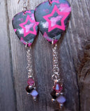 Pink Stars on Black Background Guitar Pick Earrings with Swarovski Crystal Dangles