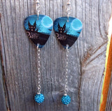 Haunted House Halloween Party Guitar Pick Earrings with Long Teal Pave Bead Dangles