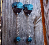 Haunted House Halloween Party Guitar Pick Earrings with Long Teal Pave Bead Dangles