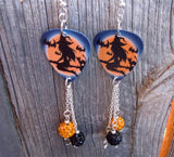 Witch on Broomstick Guitar Pick Earrings with Pave Bead and Charm Dangles
