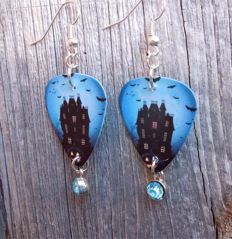 Haunted Mansion Guitar Pick Earrings with Aqua Crystal Charm Dangles