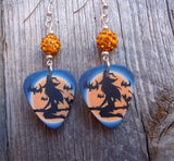 Witch on Broomstick Guitar Pick Earrings with Orange Pave Beads