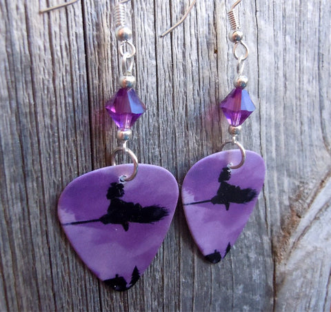 Purple and Black Witch on a Broomstick Guitar Pick Earrings with Purple Swarovski Crystals