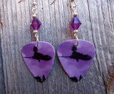Purple and Black Witch on a Broomstick Guitar Pick Earrings with Purple Swarovski Crystals