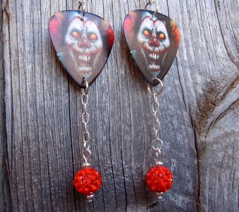 Evil Clown Guitar Pick Earrings with Orange Pave Dangles
