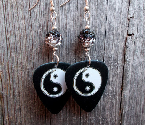 Yin Yang Guitar Pick Earrings with Black to White Ombre Pave Beads
