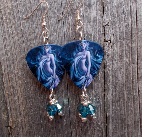 Sexy, Barely Covered Illustrated Woman Guitar Pick Earrings with Blue Swarovski Crystal Dangles