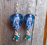 Sexy, Barely Covered Illustrated Woman Guitar Pick Earrings with Blue Swarovski Crystal Dangles