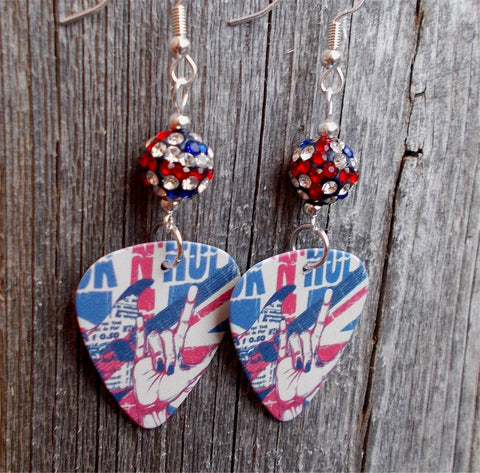 British Rock n Roll Guitar Pick Earrings with British Flag Pave Beads
