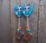Rockin' Skull with Boombox Guitar Pick Earrings with Crystal and Charm Dangles