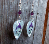 Skull with Purple Flame Hair Guitar Pick Earrings with Purple Crystals