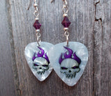 Skull with Purple Flame Hair Guitar Pick Earrings with Purple Crystals