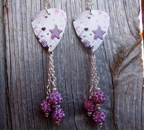 Purple and Pink Star Guitar Pick Earrings with Purple Pave Bead Dangles