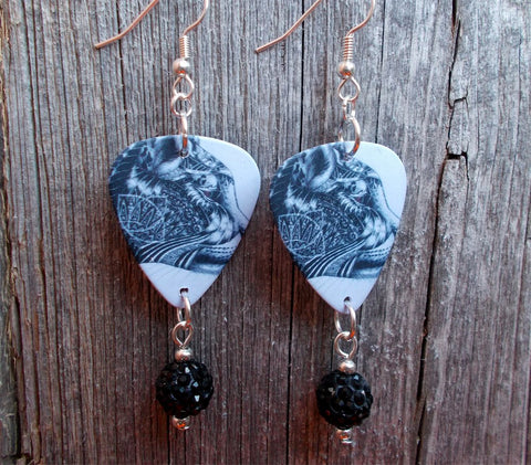Cougar Guitar Pick Earrings with Black Pave Bead Dangles