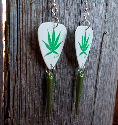 Marijuana Leaf Guitar Pick Earrings with Green Spike Dangles