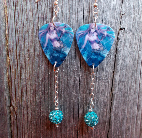 Mermaid with Staff in her Hand Guitar Pick Earrings with Turquoise Pave Dangles