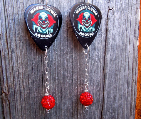 Wanna Clown Around Guitar Pick Earrings with Red Pave Bead Dangle