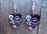 Girly Skull Rock n Roll Guitar Pick Earrings with Pink Swarovski Crystals