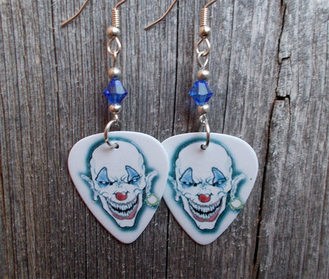 Bald Evil Clown Guitar Pick Earrings with Blue Swarovski Crystals