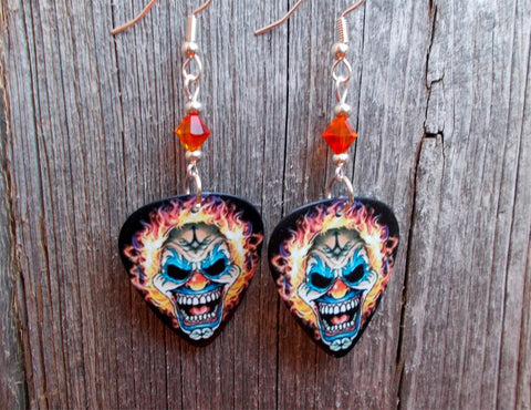 Evil Clown with Flames for Hair Guitar Pick Earrings with Fire Opal Swarovski Crystals