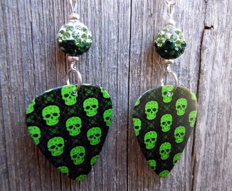 Bright Green Skull Guitar Pick Earrings with Green Ombre Pave Beads