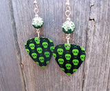 Bright Green Skull Guitar Pick Earrings with Green Ombre Pave Beads